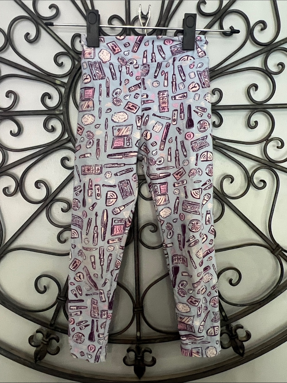 LuLaRoe Light Blue Leggings with Pink & Purple Beauty Makeup Print